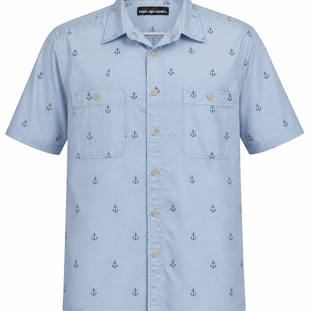 Reyn Spooner Blue Anchor Print Hawaiian Shirt Medium